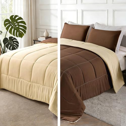 Exclusivo Mezcla Lightweight Reversible King Size Comforter Set, Down Alternative Comforter with 2 Pillow Sham, King Size Bedding Set for All Seasons, Brown/Khaki Exclusivo Mezcla
