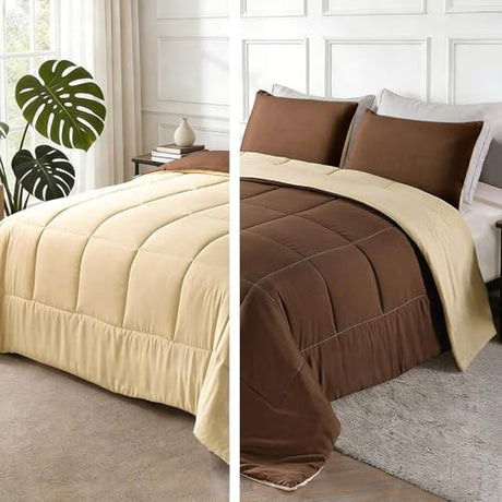 Exclusivo Mezcla Lightweight Reversible King Size Comforter Set, Down Alternative Comforter with 2 Pillow Sham, King Size Bedding Set for All Seasons, Brown/Khaki Exclusivo Mezcla