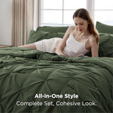 Bedsure Queen Comforter Set Olive Green - Bed in a Bag Queen Size Bedding 7 Pieces, GentleSoft™ Pintuck Bed Set Gift for Family, Pinch Pleat All Season Comforter with Sheets, Pillowcases & Shams Bedsure