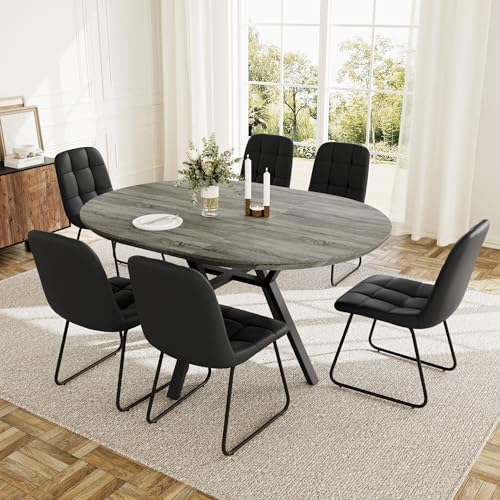 HIPIHOM Extendable Round Dining Table Set for 6 People, 43.3"-59.1" Extendable Kitchen Table with 6 Upholstered Chairs, Space Saving for Kitchen Dining Room (Grey Table+6 U-Shaped Black Chairs) HIPIHOM