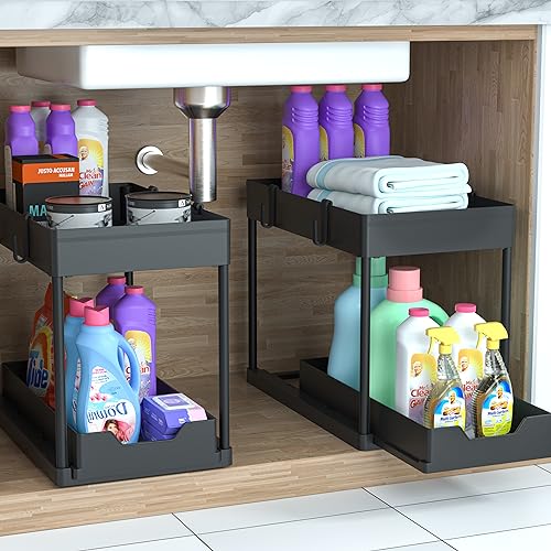 DEKAVA Under Sink Organizer 2 Pack, Bathroom Cabinet Organizer, 2 Tier Sliding Cabinet Basket Organizer Drawer, Multi-Purpose Bath Collection Baskets for Bathroom (Black) DEKAVA