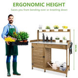 PetsCosset Garden Potting Benche Table Outdoor Wooden Work Station W/Metal Table top,Cabinet,Drawer,Large Bottom Shelf,Open Shelf Natural Wood-Brown-Brown PetsCosset