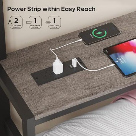 BTHFST Bunk Bed Twin Over Twin with 4 Storage Drawers & Shelves & Bedside Caddy, Twin Bunk Beds with Charging Station & LED Lights, Metal Loft Bed with Safety Guardrail & Angled Ladder, Black & Grey BTHFST