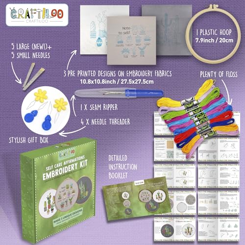 CRAFTILOO Embroidery Kits for Adults Hand Embroidery kit for Beginners with Stamped Embroidery Patterns Starter Embroidery Kit. Needlepoint kit Cross Stitch kit for Teens& Adults Cactus