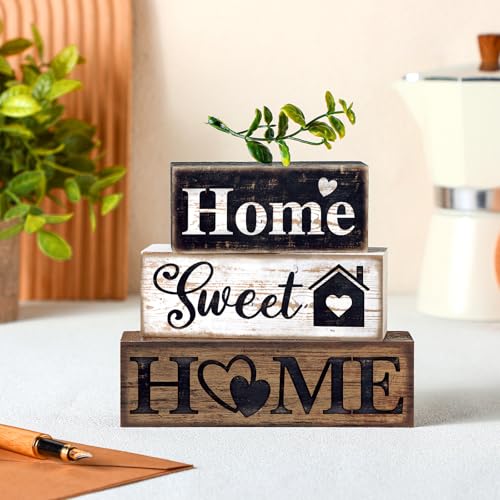 Moucuny 4 Pcs Farmhouse Wooden Tabletop Decor Farmhouse Tiered Tray Decor Rustic Eucalyptus Leaves Wood Block Sign Gift Sweet Home Centerpiece Farmhouse Home Table Decor Moucuny