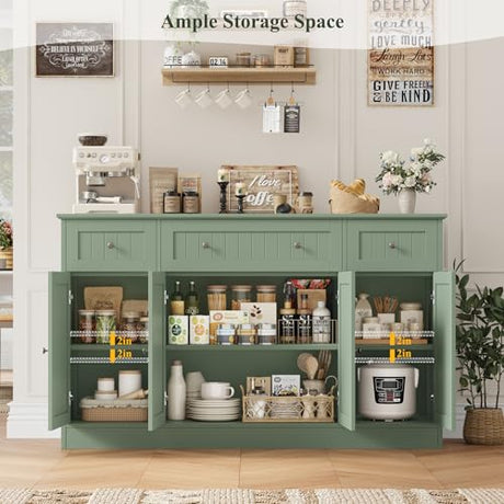 HITHOS 55" Sideboard Buffet Cabinet with Storage, Modern Kitchen Buffet Storage Cabinet with Drawers, Wood Coffee Bar with Adjustable Shelves, Large Sideboard for Kitchen, Living Room, Green HITHOS
