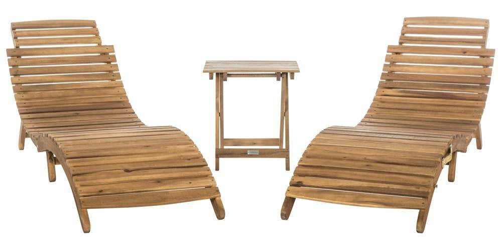 SAFAVIEH Outdoor Collection Pacifica Natural Brown Solid Wood/Beige Cushion 3-Piece Chaise Lounge Set with Table (PAT7020B) Safavieh