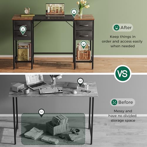 Huuger 47 Inch Computer Desk with 4 Drawers, Office Desk with Mesh Shelf, Gaming Desk, Large Storage, Writing Desk Work Desk for Home Office, Study, Bedroom, Work from Home, Rustic Brown and Black Huuger