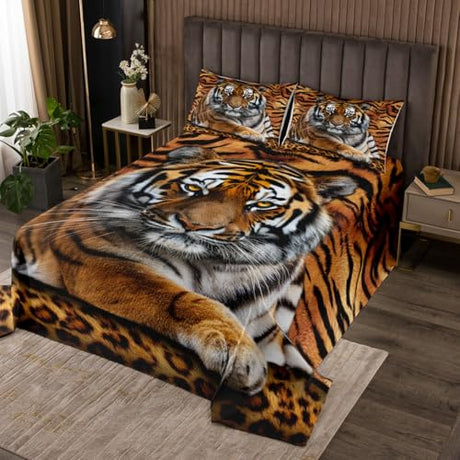 Tiger 3D Print Bedspread King Size Wild Animals Bedding Set 3pcs for Kids Teens Room Decor,Animal Fur Quilted Coverlet Soft Breathable Bedding Quilt with 2 Pillowcases Manfei