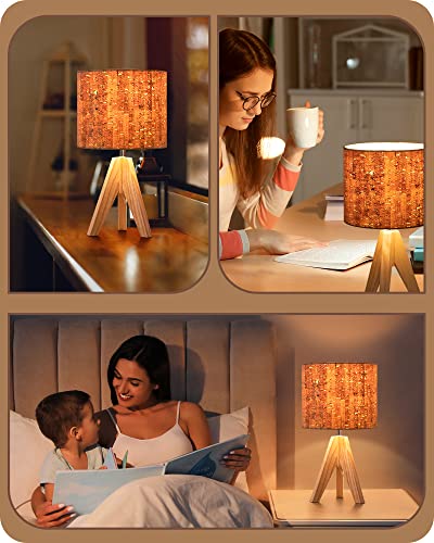 EDISHINE Small Table Lamp, Wooden Tripod Nightstand Lamp with Bark Linen Shade, Farmhouse Bedside Lamp for Nursery, Bedroom, Kids Room, Office, Reading Desk, 14.2 Inch, E26 Socket, ON/Off Switch EDISHINE