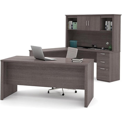 Atlin Designs Modern Wood U Shape Computer Desk with Hutch in Bark Gray