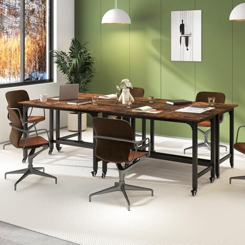 Giantex 8FT Conference Table, 4 PCS 48" Rectangular Mobile Meeting Room Desk with Removable Storage Bag & 2 Hanging Hooks, Rolling Modern Seminar Table for Office Conference Room, Rustic Brown Giantex