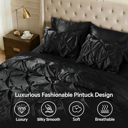 BEDELITE Satin Comforter Set Queen Size, 7 Pieces Luxury Pintuck Bed in A Bag with Comforter, Flat Sheet, Fitted Sheet, Pillowcases, Shams, Soft Cozy Similar to Silk Bed Set for All Seasons (Black) BEDELITE