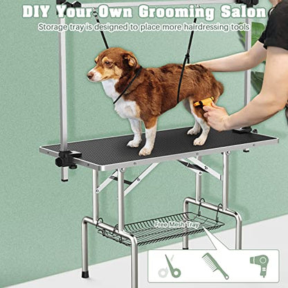 Lyromix Dog Grooming Table, Adjustable Large Pet Drying Desktop, Foldable Bathing Desk with Arms, Noose, Mesh Tray, Maximum Capacity Up to 330Lb