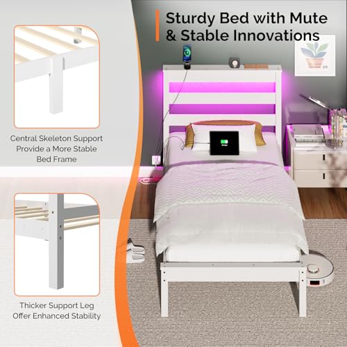 VINGLI LED Twin Bed Frame Set of 2 Solid Wood Platform Single Bed with Headboard Shelf USB Charging Station,Panel Bed, Wood Slat Support Mattress Foundation, White VINGLI