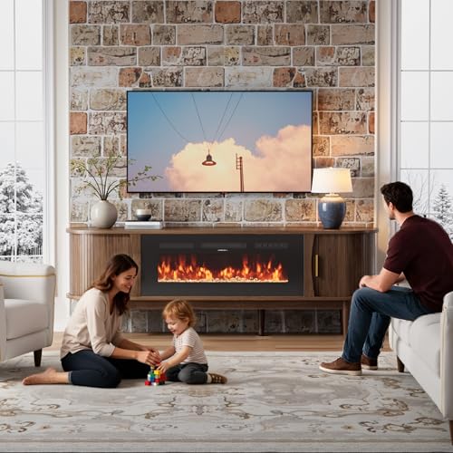 Decofy 70″ Fluted Fireplace TV Stand for 80″ TVs, Remote & Touch Control Adjustable Flame Colors & Temperature, Entertainment Center with Storage, Modern Media TV Console Table for Living Room(Walnut) Decofy
