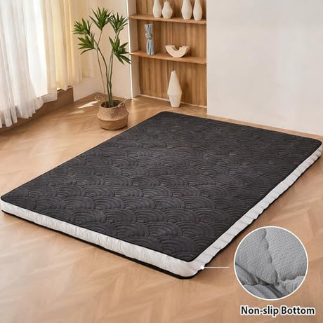Zelladorra Japanese Floor Mattress, Quilted Futon Mattress with Anti-Slip Bottom, Foldable Floor Bed with Storage Bag and Straps, (Black, Twin) Zelladorra