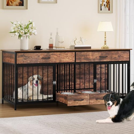 YITAHOME 74.8" Double Dog Crate Furniture with Dog Feeder, Heavy Duty Indoor Dog Kennel TV Stand with Drawers, Sturdy Dog Kennel with Divider for 2 Medium Large Dogs, Brown YITAHOME