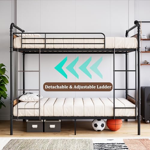 Garvee Industrial Twin Over Twin Bunk Bed, Convertible to 2 Separate Single Beds, Sturdy Metal Bunk Bed, Detachable Ladder & High Safety Guardrails for Safety, Space-Saving Design Garvee