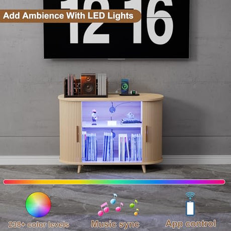 YKVIQBY 39" Record Player Stand with Vinyl Storage,Large Turntable Stand Holds up to 300+ Albums,Record Player Table,Stereo Cabinet with Open Storage,Charging Station & LED Lights,for Living Room,Oak YKVIQBY