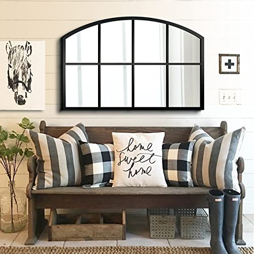 WAMIRRO Wide Window Pane Black Mirror,Farmhouse Arched Wall Mirror,Grid Mirror for Fireplace/Entryway/Hallway/Living Room,42“X28” (Black Wide mirror) WAMIRRO