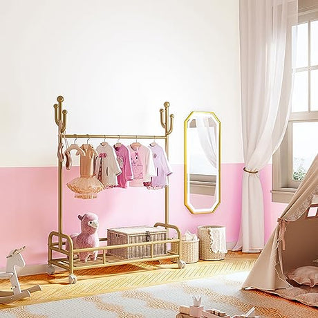 Bestier Kids Dress Up Rack, Adjustable Rack Height for Kids Clothes Rack, Bottom Storage Shelf with Wheels, Metal Dress Up Rack for Kids, Toddler, Children, Girls, Boys, Gold Bestier