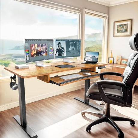 HUANUO 55" x 24" Electric Standing Desk with Large Keyboard Tray(26.7"), Adjustable Height Stand Up Desk for Home Office, 4 Memory Height Settings, 2 Headphone Hooks, Computer Workstation, Vintage HUANUO
