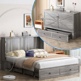 PUREMIND Full Murphy Bed Cabinet with Mattress Included, Bedroom Cabinet Beds with USB Charging Station, Murphy Chest Bed with Storage Drawers, Horizontal Wallbed for Guest Room Grey PUREMIND