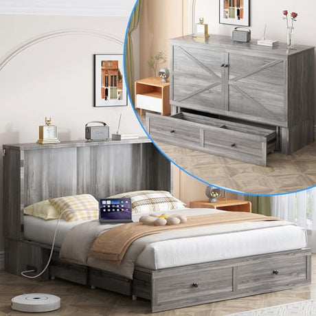 PUREMIND Full Murphy Bed Cabinet with Mattress Included, Bedroom Cabinet Beds with USB Charging Station, Murphy Chest Bed with Storage Drawers, Horizontal Wallbed for Guest Room Grey PUREMIND