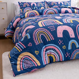 Btargot Lightweight Soft 3 Piece Rainbow Comforter Set with 2 Pillow Covers, Cartoon Love Hearts Suns and Stars Bedding Set for Girls Boys Kids, Twin Dark Blue Btargot