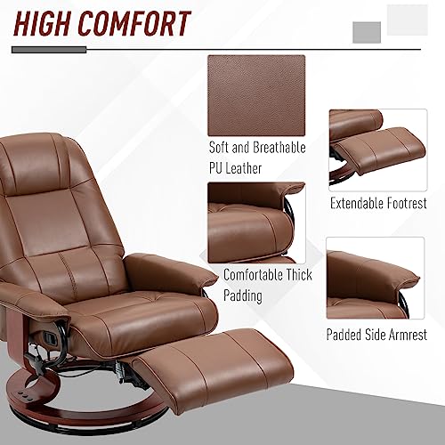 HOMCOM Swivel Recliner Chair, PU Leather Reclining Armchair with Retractable Footrest, Lounge Chair with Wood Base and Adjustable High Back for Small Spaces, Living Room, RV, Bedroom, Brown