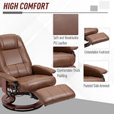 HOMCOM Swivel Recliner Chair, PU Leather Reclining Armchair with Retractable Footrest, Lounge Chair with Wood Base and Adjustable High Back for Small Spaces, Living Room, RV, Bedroom, Brown