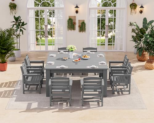 SERWALL Patio Dining Sets for 8, Outdoor Dining Sets for 8 Person with 2 Umbrella Hole Cut-Out Rectangular Tables and 8 Chairs, HDPE Dining Sets for Garden, Backyard, Poolside, Gray SERWALL