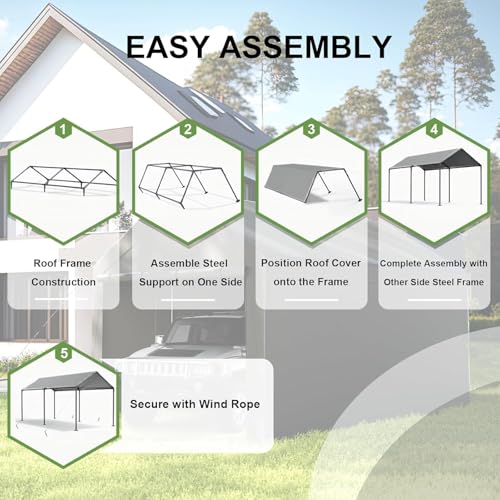 Carport, 10x20ft Heavy Duty Portable Garage, Car Port with Storage Shed, Car Canopy Car Tent with Steel Frame All-Season Tarp for Car, Truck, Boat, Party, Grey TANGJEAMER