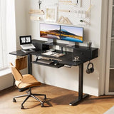 OffiGo U Shaped Electric Standing Desk with Drawers, 55 Inch Height Adjustable Desk with Keyboard Tray ＆ Ergonomic Monitor Stand, Sit Stand Table with Power Outlets for Home, Office, Black OffiGo