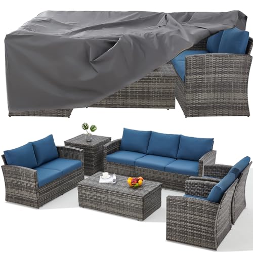 AECOJOY 7 Pieces Patio Furniture Set with Two Storage Boxes&Patio Set Cover, Outdoor Rattan Conversation Set，All-Weather PE Wicker Sectional Sofa Outdoor Furniture, Grey Rattan&Dark Blue Cushions