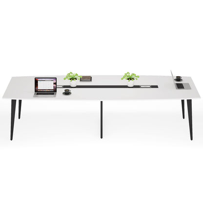 LITTLE TREE 8FT Conference Room Table, 94.48L x 47.21W x 29.52H Boat Shaped Meeting Table, White&Black - WoodArtSupply