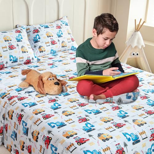 Homilay Queen Sheet Set Kids - Excavator Road Roller Dump Truck 4 Pieces Soft Microfiber Cartoon Style Bedsheets for Boys Girls Teens, Oeko TEX, Breathable Deep Pocket Sheets(Engineering Car) Homilay