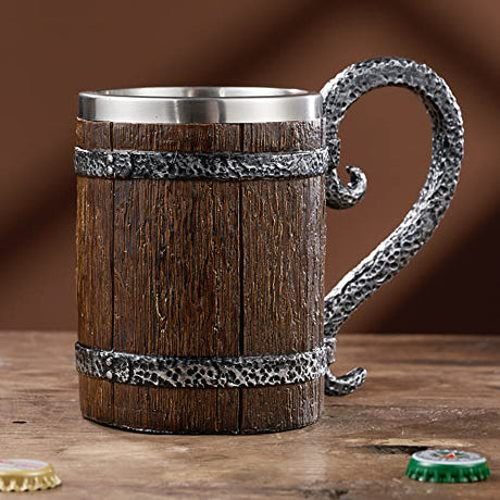 Meyas Beer Mug Handmade Wooden Barrel Beer Mugs Beer Steins, Stainless Steel Vintage Tankard Beer Cup, Medieval Coffee Mug Tea Cup, Drinkware Mug for Coffee/Juice, Gift for Men, Bar Decoration 17oz Meyas