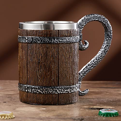 Meyas Beer Mug Handmade Wooden Barrel Beer Mugs Beer Steins, Stainless Steel Vintage Tankard Beer Cup, Medieval Coffee Mug Tea Cup, Drinkware Mug for Coffee/Juice, Gift for Men, Bar Decoratio - WoodArtSupply