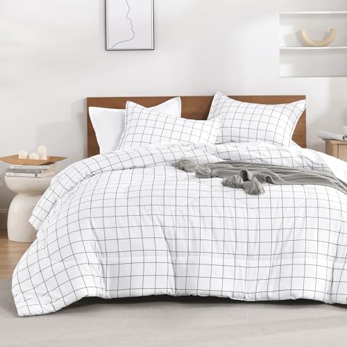 Andency Twin Comforter Set, White Gingham Plaid Grid Checkered Twin Bed Comforter Set for Dorm Boys Girls Teens Kids, 2 Pieces Lightweight Reversible Preppy Bedding Sets(66x90 Inch) Andency