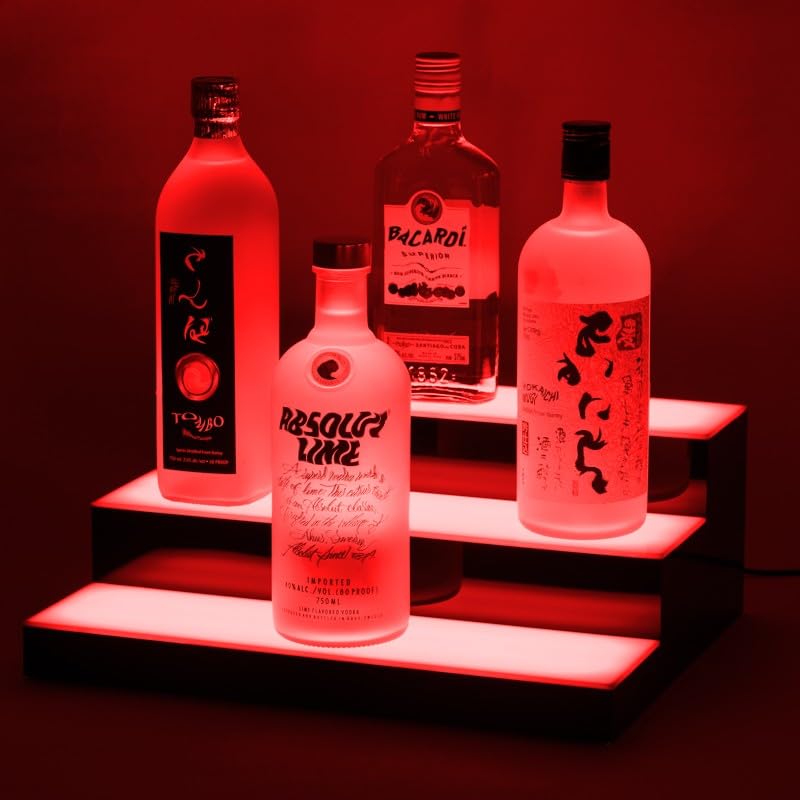 Boss Premium® BarUSA™ LED Lighted Bar Shelf Display Liquor Bottle Alcohol Whiskey Shelves Rack Stand Tray Units for Home Bar Living Room Accessories and Decor - Designed in USA (3-Step, 16 Inch) Boss Premium