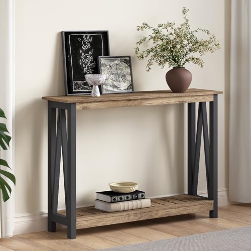 ChooChoo Farmhouse Console Table, Rustic Vintage Narrow Sofa Table for Entryway, Living Room, Hallway, 40 Rustic Oak & Black ChooChoo
