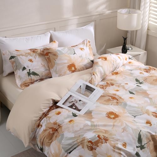 LONAVA Queen Flower 3 Pcs Duvet Cover Set, Breathable Soft Microfiber Biege Lining Comforter Cover with Zipper Closure, and 2 Anti-Pilling, Fade Resistant Pillowcases, Golden Flower LONAVA