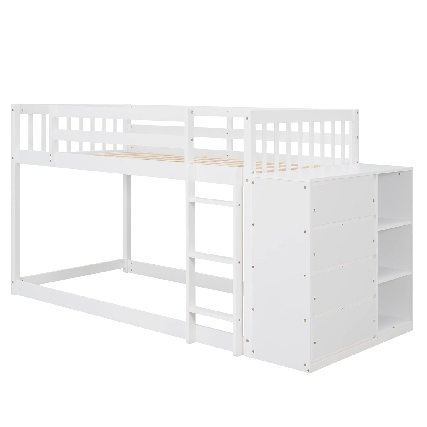 Harper & Bright Designs Twin Over Twin Bunk Bed with Storage, Wood Floor Bunk Beds with 4 Drawers and 3 Shelves, Low Bunk Bed, Twin Loft Bed for Kids, Girls Boys, Teens, Adults (White)