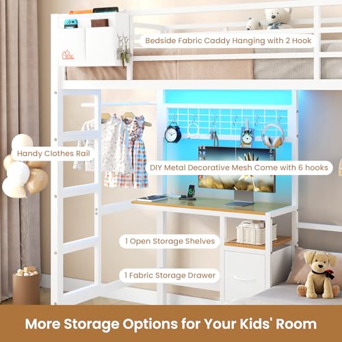 DICTAC Twin Over Twin Bunk Bed with Desk,Led Lights and Charging Station Metal L-Shaped Bunk Beds with Storage Drawers and Shelves, Loft Bed with Safety Guardrail and Ladder for Kids and Teen,White DICTAC
