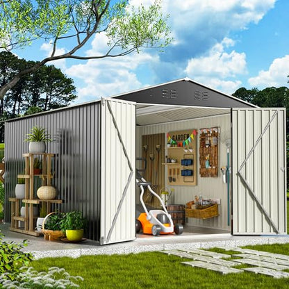 VIWAT 8' x 12' Outdoor Steel Storage Shed with Updated Frame Structure and Lockable Doors, Metal Shed Upgrade Height Ideal for Garden, Backyard, and Patio Utility and Tool Storage - WoodArtSupply