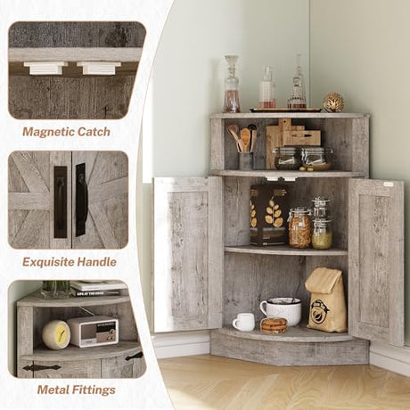 Vabches Corner Storage Cabinet, Farmhouse Small Floor Corner Cabinet with Barn Door and Adjustable Shelf, Narrow Cabinet Organizer for Bathroom,Pantry, Living Room, Kitchen, Grey Vabches