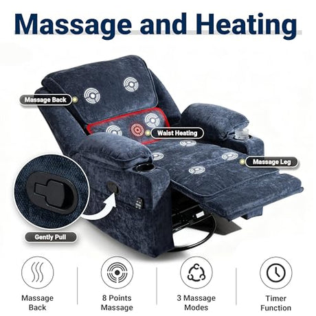 Culect 360° Swivel Rocker Recliner Multi-Functional Nursing Chair with Heating Massage, Manual Recliner Chair with Cup Holders, Lazyboy Recliner Chair for Living Room, Bedroom, Navy Blue Culect