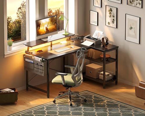 ODK 40 Inch Gaming Desk with USB Power Outlets and LED Lights, Reversible L Shaped Computer Desk with Storage Shelves & Monitor Stand, Corner Home Office Desk Table, Carbon Fiber Surface, Black ODK